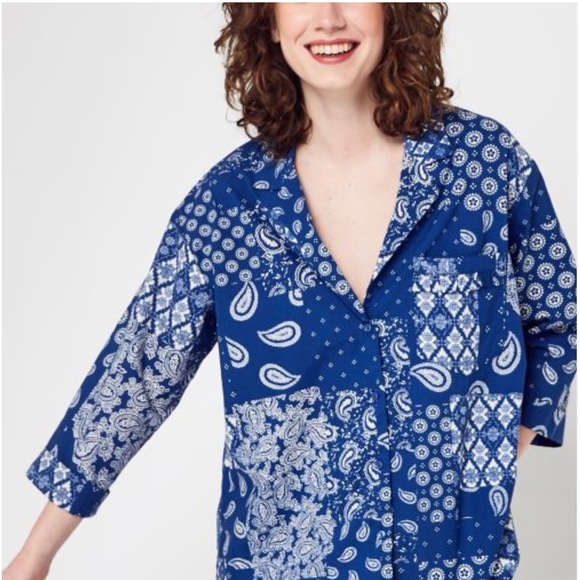 Grace & Mila Espinosa Blouse Size S Blue Print Top Cotton - Picture 1 of 12